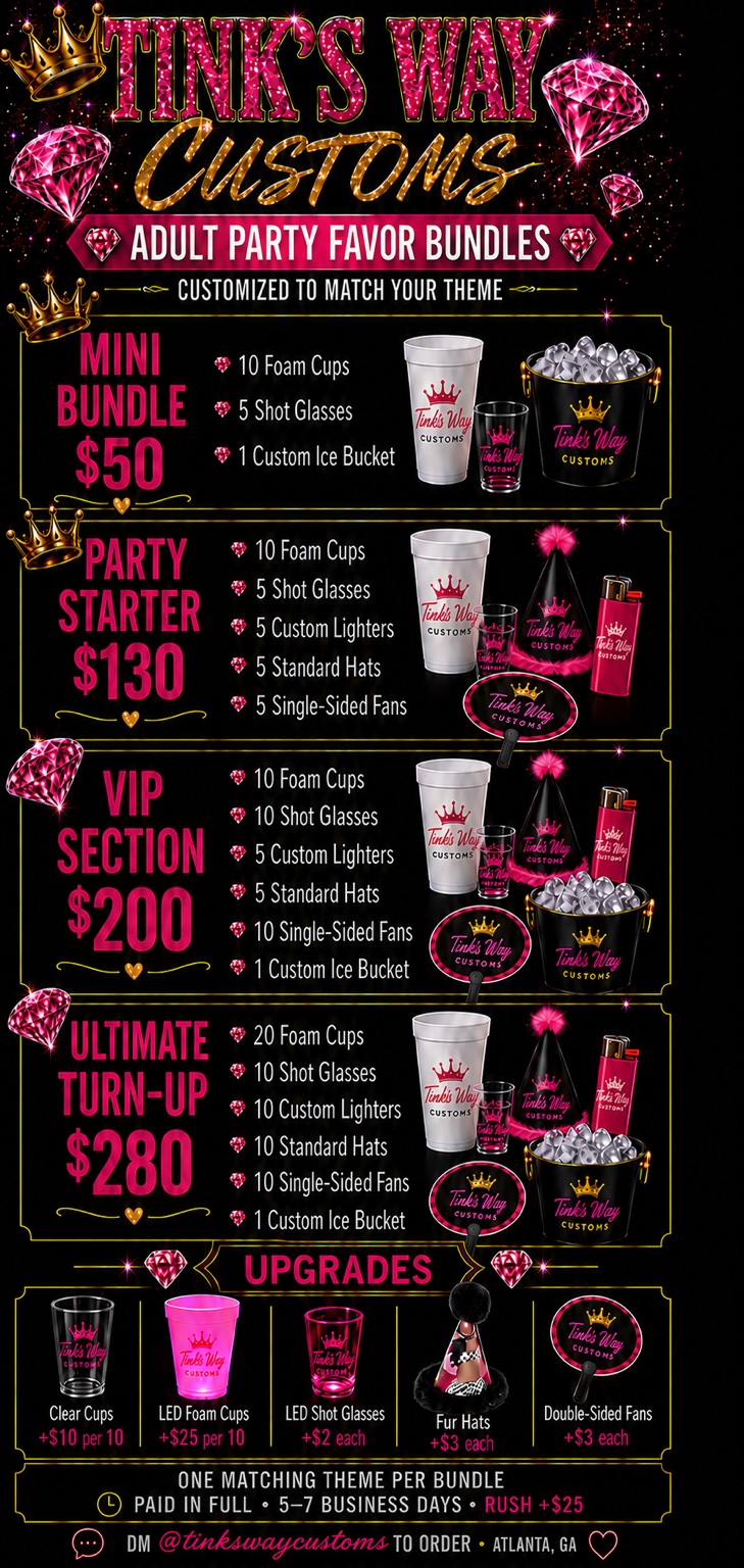 Tink’s Way Customs adult party favor bundles and upgrade options